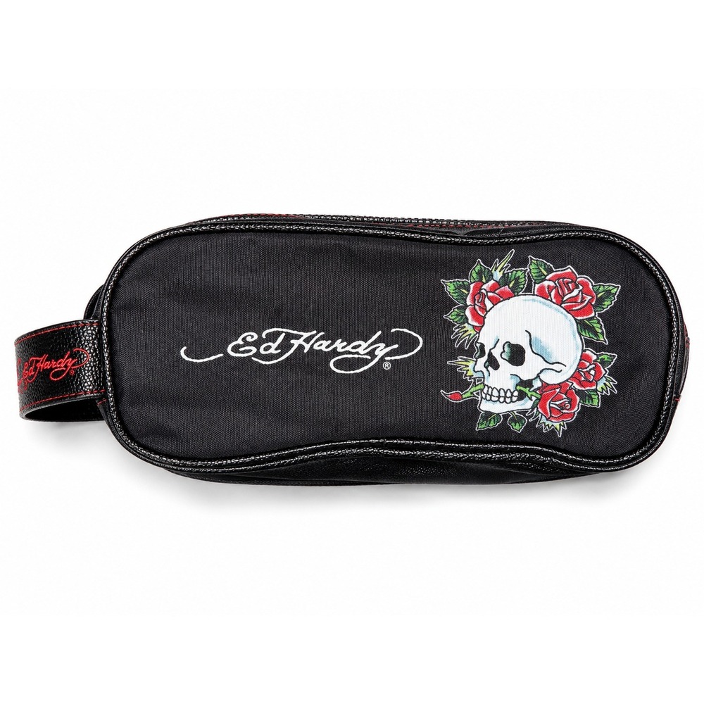 Vtg Ed Hardy Skull Roses Toiletry Bag Unisex Black Red Y2K Tattoo Travel Dopp